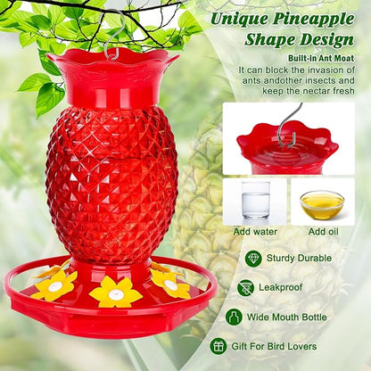 Glass Hummingbird Feeders for Outdoors Hanging Ant and Bee Proof 16OZ 1 Pack Red Pineapple Humming Bird Feeder with 6 Feeding Ports and Ant Moat Hummingbird Gifts for Women Garden Decor