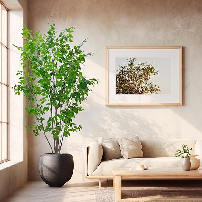 Artificial Ficus Tree with Green Leaves, 7ft Tall, Indoor Plant with Decorative Beige Planter