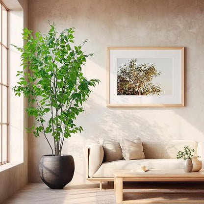 Artificial Ficus Tree with Green Leaves, 7ft Tall, Indoor Plant with Decorative Beige Planter
