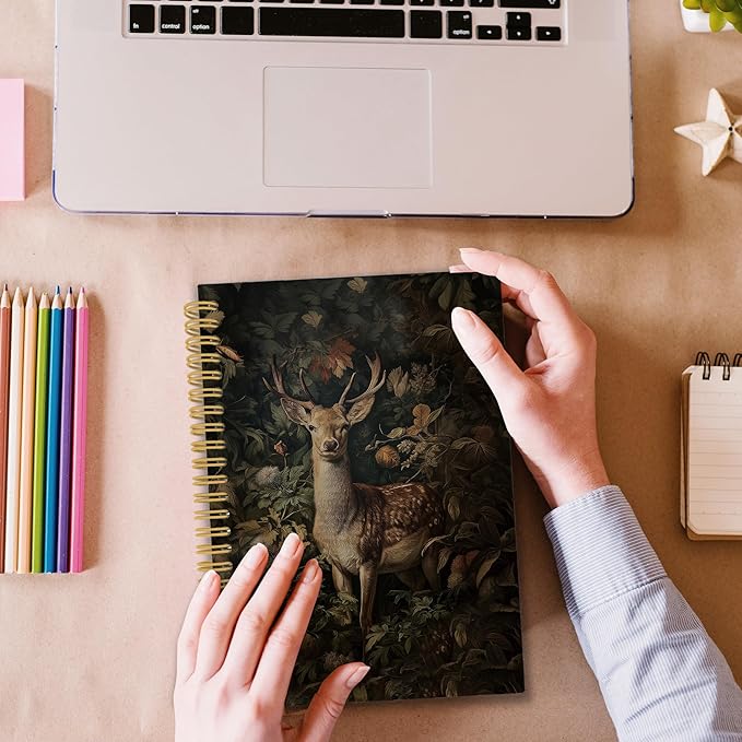 XPH William Morris Deer Spiral Notebook, Dark Cottagecore Journaling Notebooks for Note Taking, Vintage Botanical Buck Hardcover Journal for Writing 160 Pages 5.5 x 8.3 Inch, Deer Gifts for Women