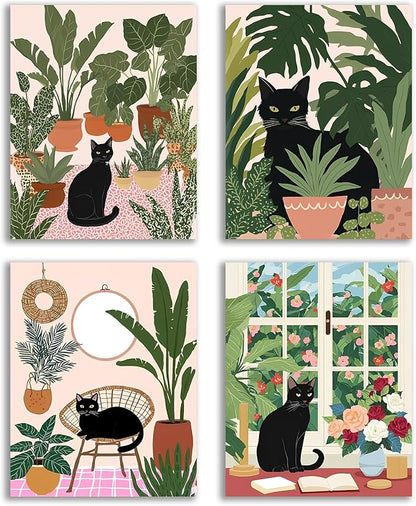 NIIORE Black Cat Botanical Wall Art, Modern Green Plant Decor, Tropical Boho Style Canvas Prints for Bedroom Bathroom Home Decor, Set of 4, 8x10 inches Unframed