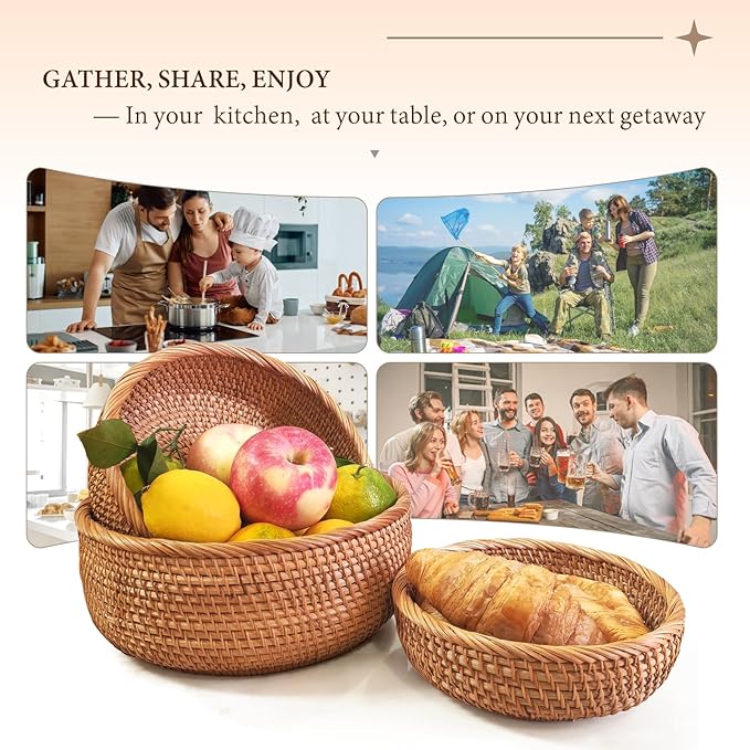 Rattan Bread Baskets for Serving, Hand Woven Food Baskets, Natural Wicker Fruit Basket for Kitchen Counter, Decorative Bread Baskets for Gifts, Snacks, Candies, Nuts, Keys, Wallets, etc.(Round-Combo)