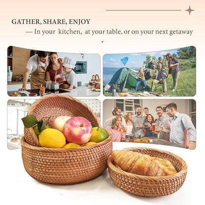 Rattan 10.2" Large Round Bread Basket for Fruit, Natural Wicker Fruit Basket for Kitchen Counter, Hand Woven Food Baskets, Bread Baskets for Serving, Large Wicker Basket for Vegetable, Snack, Candies