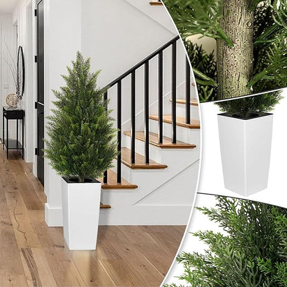 4FT Tall 2 Set Artificial Topiary Cedar Tree, Indoor Realistic Faux Cypress Plants with Square Flowerpot, Outdoor Evergreen Fake Shrubs for Home Living Room Front Porch Decor