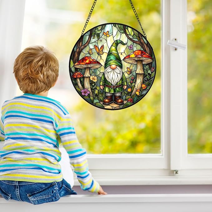 Stained Glass Window Hanging Suncatcher, Forest Gnome Sun Catcher with Mushroom & Butterfly, Stained Glass Home Decor Gift for Women Gardeners & Fantasy Lovers GN05