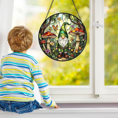 Stained Glass Window Hanging Suncatcher, Forest Gnome Sun Catcher with Mushroom & Butterfly, Stained Glass Home Decor Gift for Women Gardeners & Fantasy Lovers GN05