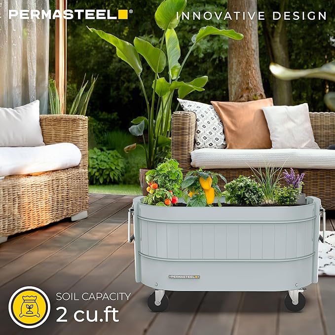 Permasteel Self-Watering Garden Bed, Rolling Planter for Vegetables, Flowers, Herbs, and Fruit, Outdoor Indoor, Caster Wheels, Blue