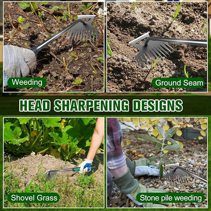 11 Teeth Portable Manganese Steel Weed Puller Tool， Uprooting Steel Hand Weeder Tool for Garden Yard Farm - Durable Manganese, Manual Multifunctional Weeding Artifact Kit (Green)