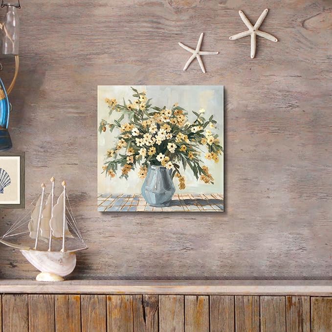 Yellow Flower Canvas Wall Art - Small Floral in Vase Picture Modern Bouquet Print Blossom Artwork for Bathroom Bedroom 12x12 Inch