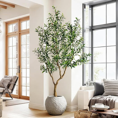 7FT Faux Olive Tree with Tall Exquisite Planter Artificial Olive Tree Tall, Potted Fake Olive Plant with 1710 Real Touch Leaves, Indoor Outdoor Home Garden Office Decor