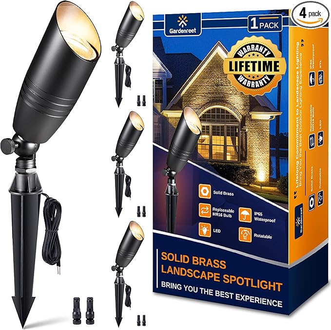 Gardenreet Brass Landscape Lighting - Black Low Voltage Spotlights Outdoor LED, 12V Wired Uplights, Waterproof Spot Lights, Adjustable Focus for Outside Trees Without MR16 Bulb (4 Pack)