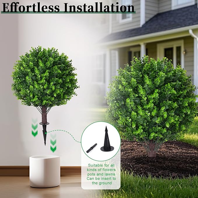 Artificial Eucalyptus Topiary Ball Trees, 2 Set of 16'' UV Resistant Fake Evergreen Shrubs Bushes Plants with Ground Spike, Fake Plants for Outdoor Indoor Front Porch Garden