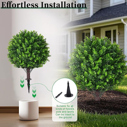 Artificial Eucalyptus Topiary Ball Trees, 2 Set of 16'' UV Resistant Fake Evergreen Shrubs Bushes Plants with Ground Spike, Fake Plants for Outdoor Indoor Front Porch Garden