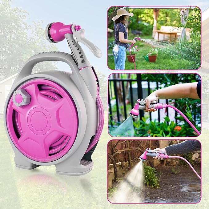 50FT Retractable Garden Hose Reel, Lightweight & Portable Hose Reel with 6 Patterns Spray Nozzle, Suitable for US Standard Hose Connection