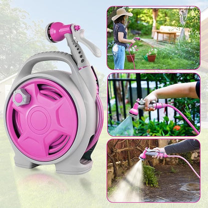 50FT Retractable Garden Hose Reel, Lightweight & Portable Hose Reel with 6 Patterns Spray Nozzle, Suitable for US Standard Hose Connection