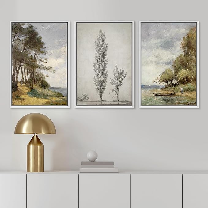 Ashbrook Framed Canvas Print Wall Art Set Forest Tree Lake Nature Wilderness Illustrations Fine Art Decorative Floral Botanical Garden Vintage for Living Room, Bedroom, Office - 24"x36"x3 White