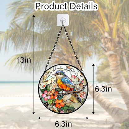 Stained Glass Window Hanging, Blue Bird Pink Flower Suncatcher Diamond Glass Panel Bird Sun Catchers Decor for Birthday for Women, Men, Wife, Aunt, and Mom 6.3 in