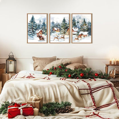 Christmas Santa Sleigh Deer Framed Canvas Wall Art Set, Reindeer Design Decor, Winter Snow Forest Tree Wall Painting, Christmas Art Print for Living Room, Bedroom, Office 16"x24"x3