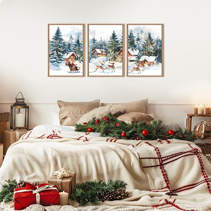 Ausril Christmas Santa Sleigh Deer Framed Canvas Wall Art Set, Reindeer Design Decor, Winter Snow Forest Tree Wall Painting, Christmas Art Print for Living Room, Bedroom, Office 24"x36"x3