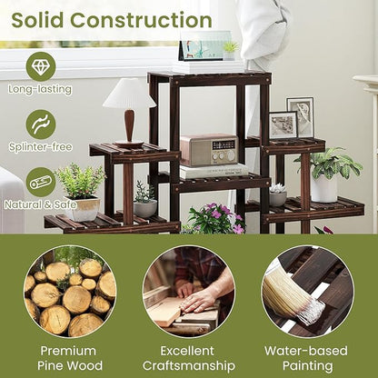 COSTWAY 6-Tier Multifunctional Wood Flower Stand, Shelf Holder for Multiple Plants, Freestanding Plant Rack for Garden, Patio, Balcony, Living Room, Indoor, Outdoor