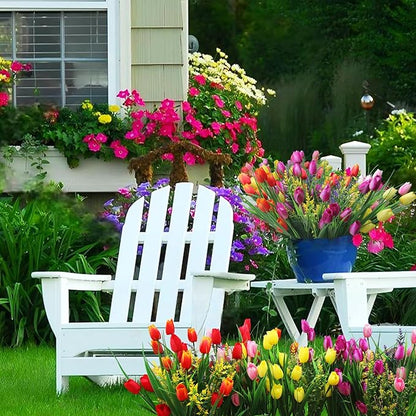 0kiygoo 12 Outdoor Artificial Flower Pieces, Bulk Fake Plastic Plants for Porch, Window, Home & Wedding Decoration in Fall and Summer, Ideal for Hanging Planters (Tulip)