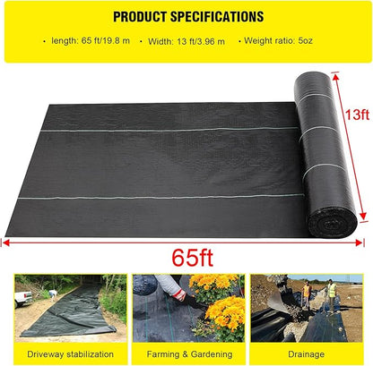 Doniks 13x65ft Driveway Fabric,5OZ Commercial Heavy Duty Weed Barrier Fabric, Garden Landscape Fabric,French Drain Fabric for Erosion Control,Landscape Fabric,Weed Barrier,Construction Projects