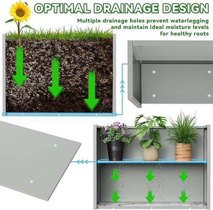 Metal Planter, 36L x 12W x 26H, Heavy Duty Tall Planters for Outdoor Plants, Planters with Removable Insert Shelf, Large Planters with Drainage Holes for Porch, Patio and Yard, Grey