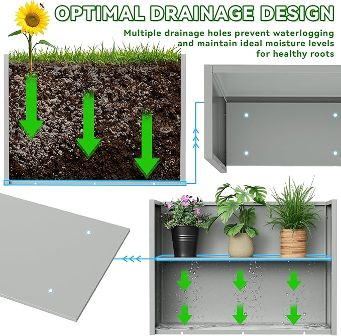 Metal Planter, 30L x 10W x 24H, Heavy Duty Tall Planters for Outdoor Plants, Planters with Removable Insert Shelf, Large Planters with Drainage Holes for Porch, Patio and Yard, Grey