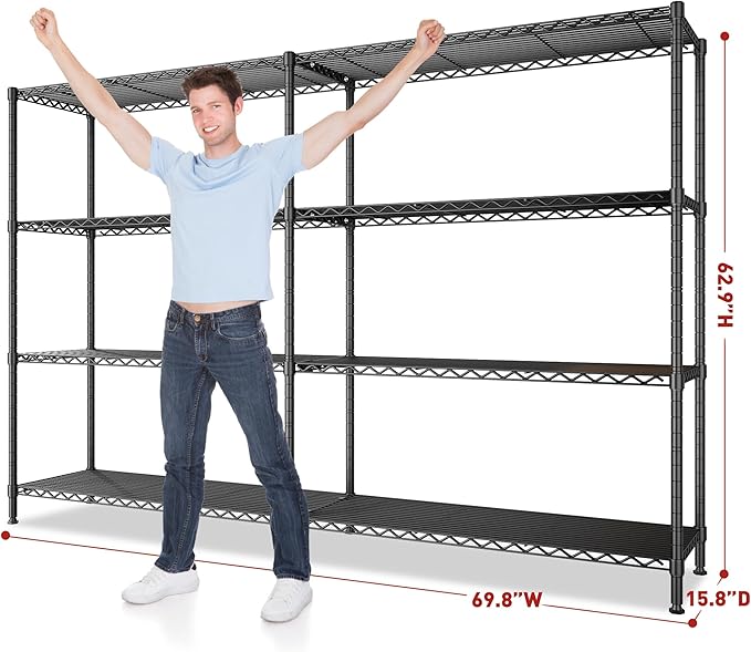 REIBII 69.8" W Storage Shelves 1250LBS Wire Shelving Unit 4 Tier Metal Shelving for Storage Rack Shelves Adjustable Heavy Duty Garage Shelf Pantry Shelves Kitchen Shelving, 69.8"Wx15.8"Dx62.9"H,Black