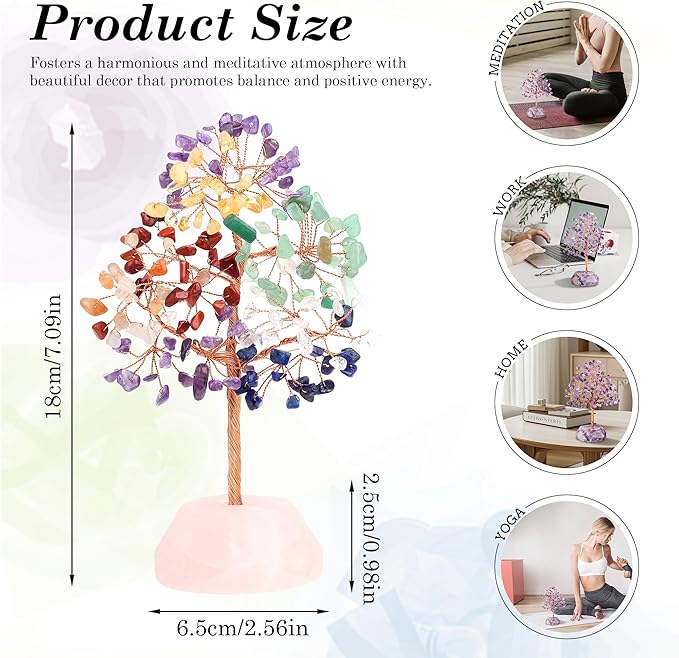 SITUMEIZI 7 Chakra Crystals 7.09IN Healing Stones Natural Rose Quartz Base Copper Wire Tree Life Reiki Gifts for Women Sister Room Office Desk Decor Birthday House Warming Gift