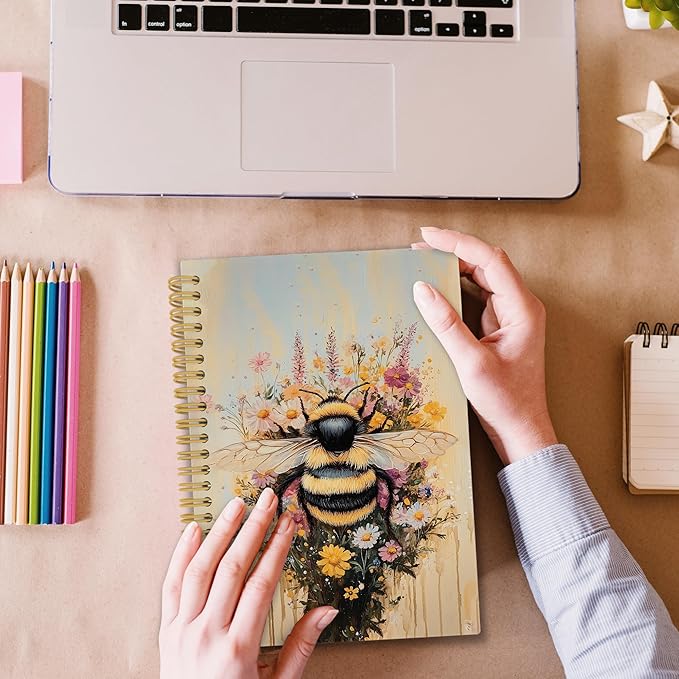 Vintage Bee Spiral Notebook, Retro Animal Bumble Honeybee Journaling Notebooks Gift for Teacher Student Women, Spring Flower Plant Hardcover Journals for School Office, 160 Pages 5.5 x 8.3 Inch