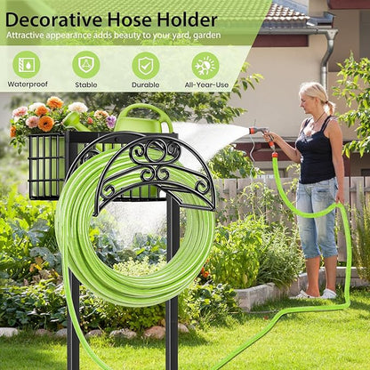 TomCare Garden Hose Holder with Large Storage Basket Heavy Duty Water Hose Holder Holds 160 Feet Hoses 4 Spikes Freestanding Hose Hanger Stable Hose Storage Organizer for Outside Yard