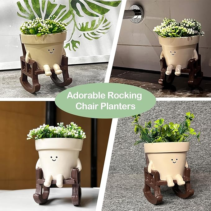Smily Face Planter Pot, Cute Rocking Chair Plants Pots, Funny Face Planter Pots Head, Indoor and Outdoor Succulent Pot with Drainage Hole, Gifts for Mother, Women, Appreciation, Christmas