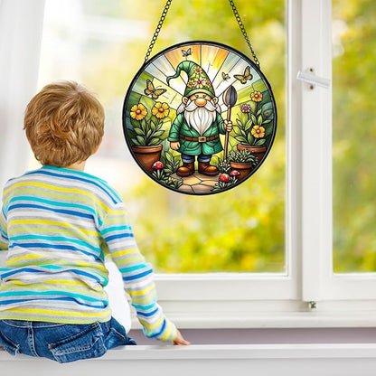 Stained Glass Window Hanging, Gnome in Garden Sun Catcher for Indoor Window Decoration with Flowers & Butterflies, Stained Glass Home Decor Gift for Women and Men G01 (6.3'')