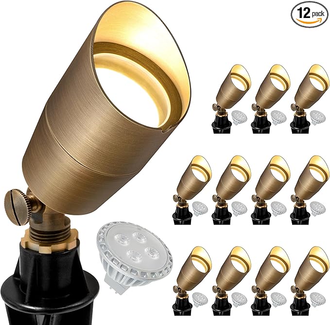 GKOLED Solid Brass Low Voltage Compact Spotlight, 12V AC/DC Waterproof Outdoor Landscape Spot Lights for House Trees Garden Yard Lawn, Up Light with 5W 2700K MR16 Bulb, Stake Included, 12 Pack