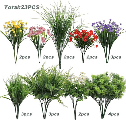 Green Moon 23 Bundles Artificial Plants Outdoor with Colorful Flower, Greenery Shrubs Realistic UV Resistant for Outside Home Planter Porch Patio Yard Decor