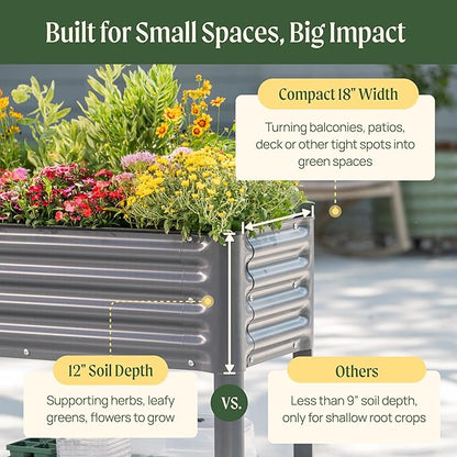 Elevated Raised Garden Bed- Slim Series, 1.5' x 3.5' Outdoor Planters Boxes with Legs & Storage Rack for Patio, 500 Lbs Weight Capacity, Raised Beds for Gardening Herbs Vegetables Flowers, Pearl White