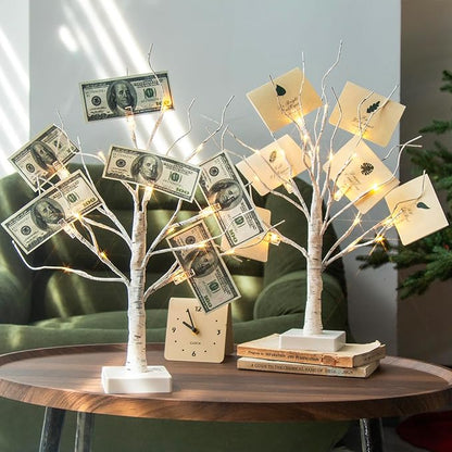 PABIPABI Money Tree Gift Holder, Set of 2 Birch Tree with 24 Clear Clips, Battery/USB Powered Timer Tabletop Trees for Home Party, Christmas, Wedding, Birthday Graduation (Warm White)