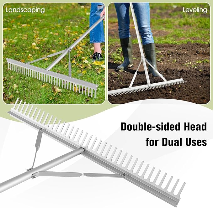 Goplus Landscape Rake 36 Inch, Aluminum Rake Head w/36 Tines and 68" Long Non-Slip Handle, Yard Rake Tool for Loosening & Leveling Soil, Beach Garden Lawn Care, Collecting Leaves