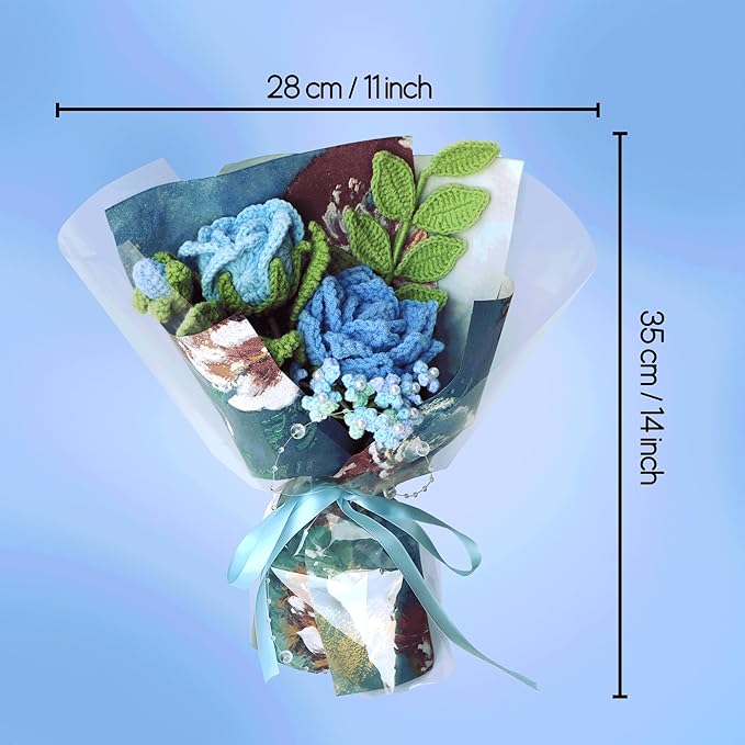 Blue Rose Crochet Flowers Bouquet Handmade Knitted Artificial Flowers Home Decor