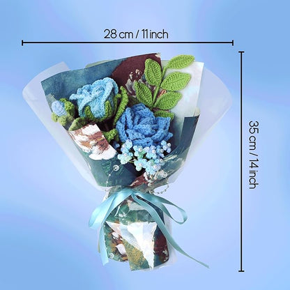 Blue Rose Crochet Flowers Bouquet Handmade Knitted Artificial Flowers Home Decor
