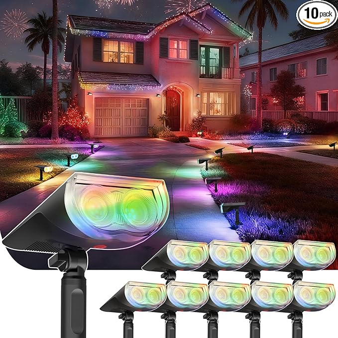 Linkind Solar Lights Outdoor StarRayS, Color Changing Solar Spot Lights, IP67 Waterproof Soalr Power Colored for Landscape Garden Pathway Walkway (Multicolor, 10 Pack)