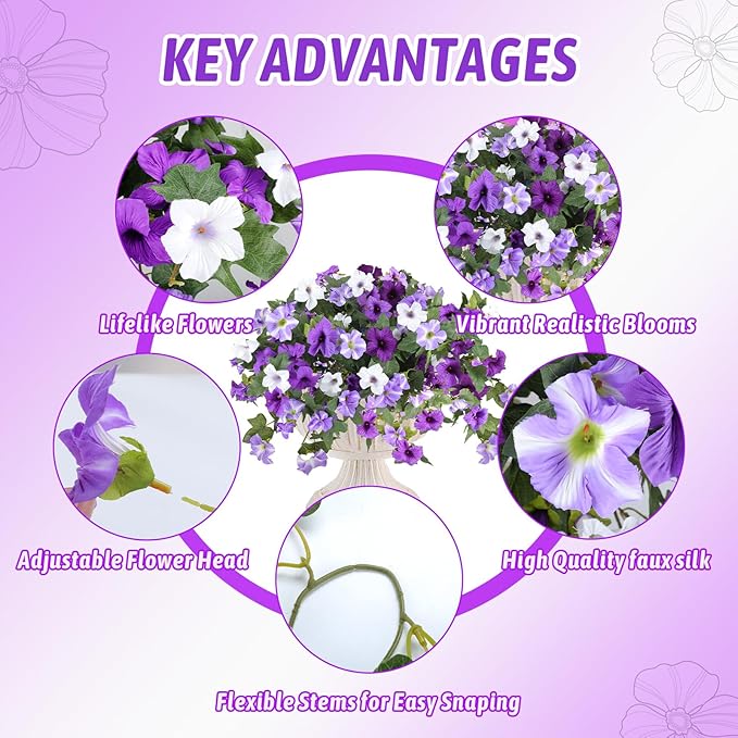 Artificial Fake Flowers for Outdoor Plants Decoration,4 Pcs Faux Petunias Flowers Plants UV Resistant Silk for Porch Yard Garden Home Indoor Decor(Purple White)