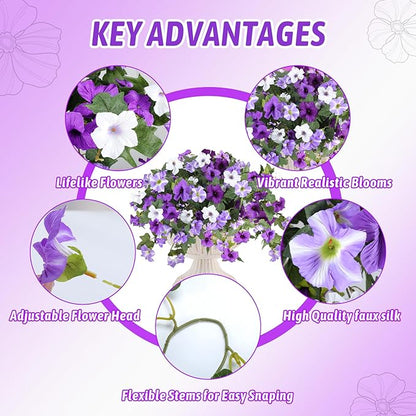 Artificial Fake Flowers for Outdoor Plants Decoration,4 Pcs Faux Petunias Flowers Plants UV Resistant Silk for Porch Yard Garden Home Indoor Decor(Purple White)