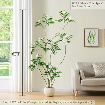 Artificial Locust Tree：6FT Faux Black Locust Floor Plant with White Flowers Small Round Silk Leaves & Elegant Branches in Beige Ribbed Planter for Indoor Home Office Decor Hotel Patio Studio