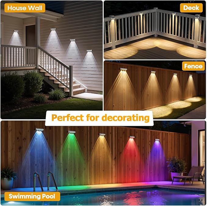 NIORSUN Solar Fence Lights,12 Pack Solars Deck Light,RGB Color,Outdoor Bulb Waterproof Led IP65,Outdoor Fence Light,Power Patio Lamp with Lenses for Outside/Backyard/Railing/Yard(White)