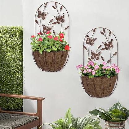 BAYN 2PK Wall Hanging Planter Decor Art with Butterfly, Metal Wall Mounted Planters Indoor Outdoor Wall Planter for Succulent Herb Home Garden Yard