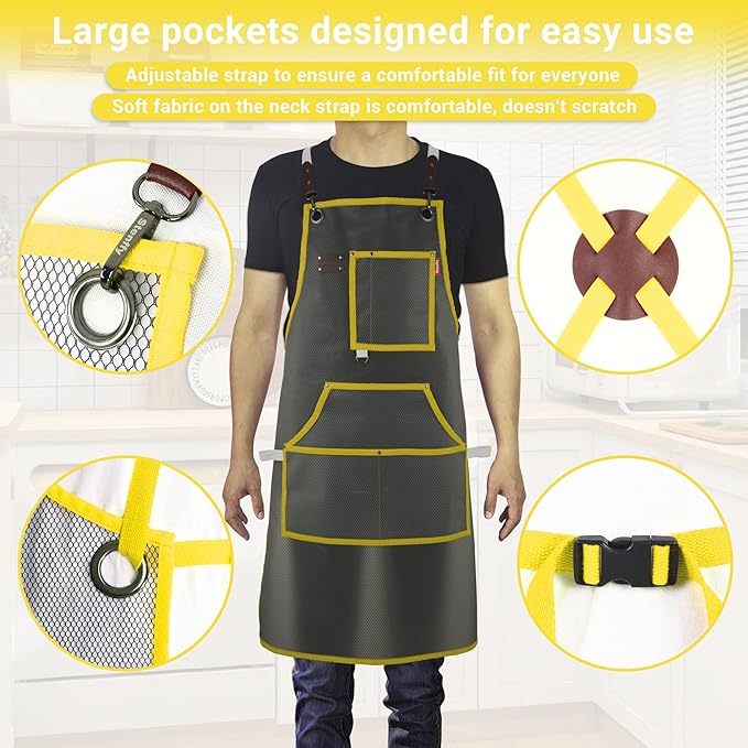 Waterproof Work Apron for Chefs, Hair Stylists, Artists, Gardeners, Adjustable, Multi-Pockets, TPU Mesh Fabric, Plus Size