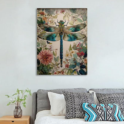 GDSRGXC Vintage Botanical Dragonfly Canvas Wall Art, Turquoise and Gold Insect Print with Floral Background, Nature Home Decor (16''x24'')