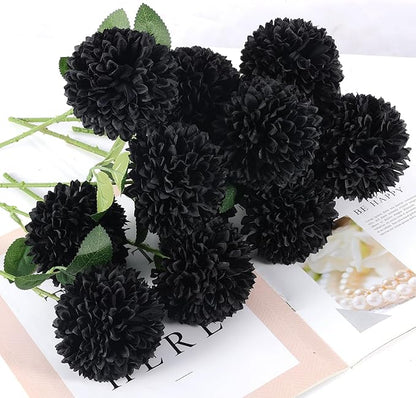 Hananona 12 Pcs Artificial Chrysanthemums Flowers Ball Flower, Fake Mums Flowers Black Silk Plants for Ghothic Home Decor Indoor Floral Arrangement Halloween Table Centerpiece (12, Black)